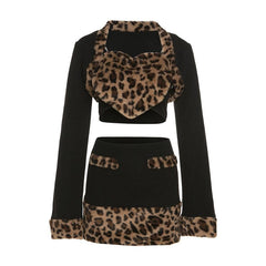 Long sleeve leopard print fluffy shrug sweetheart neck 2 piece mini skirt set