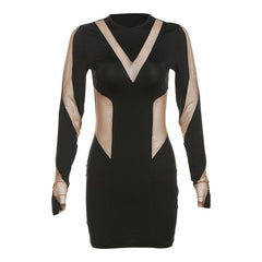 Long sleeve crewneck mesh patchwork contrast mini dress - Final Sale
