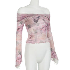 Long sleeve off shoulder mesh print top