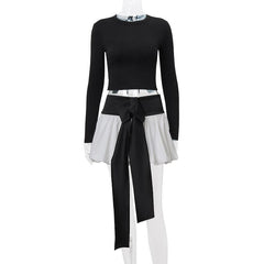 Long sleeve crewneck bowknot lace up ribbon ruched mini skirt set