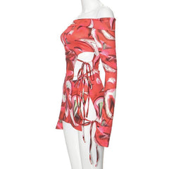 Long flared sleeve off shoulder print mini skirt set