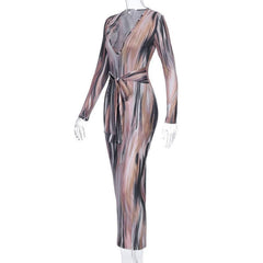 Long sleeve deep v neck knotted print maxi dress