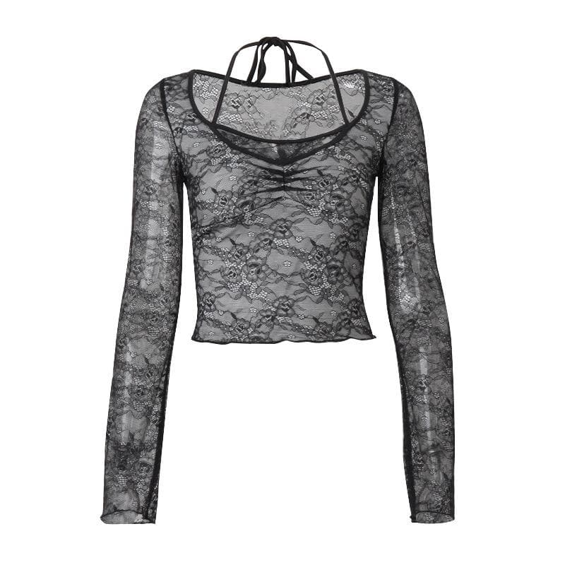 Long sleeve halter lace ruched see through top