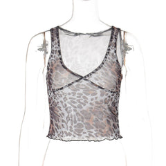 Leopard print sheer mesh ruffle tank top
