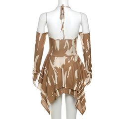Long sleeve hollow out halter self tie ribbed cut out mini dress