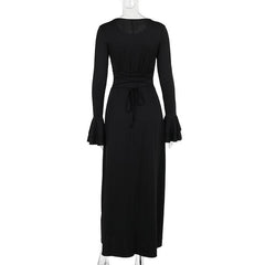 Long flared sleeve round neck lace up maxi dress