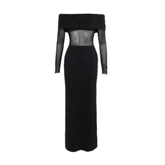 Long sleeve off shoulder mesh patchwork maxi dress