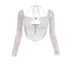 Long sleeve halter lace bustier hollow out crop cut out top