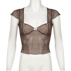 Leopard print short sleeve bowknot mesh top
