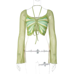Long sleeve halter butterfly pattern drawstring crop top