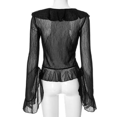 Long flared sleeve chiffon ruffle see through top