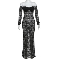 Long sleeve lace off shoulder see through solid maxi dress