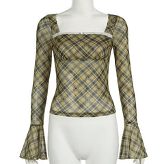 Long flared sleeve plaid print lace hem top