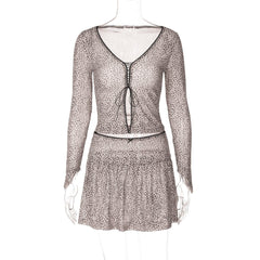 Long sleeve leopard print lace up ruched skirt set