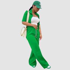 Lapel Short Sleeve Top & Drawstring Waist Pant Set