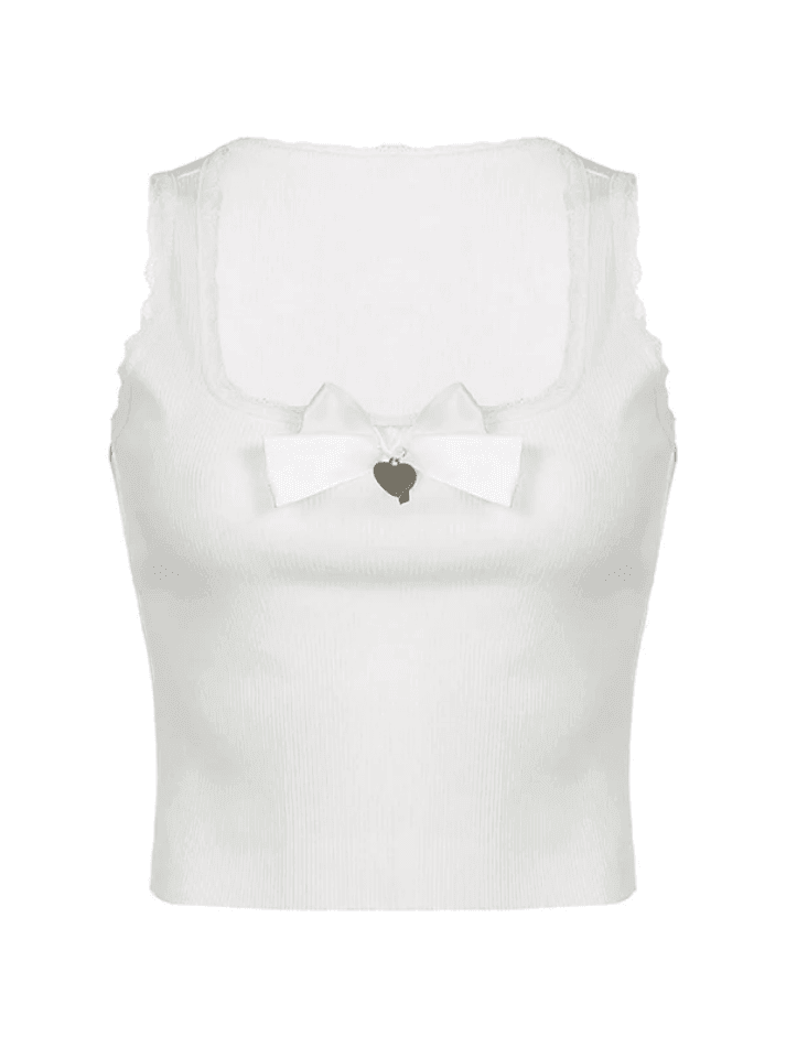 Lace Trim Bow White Tank Top