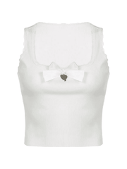Lace Trim Bow White Tank Top