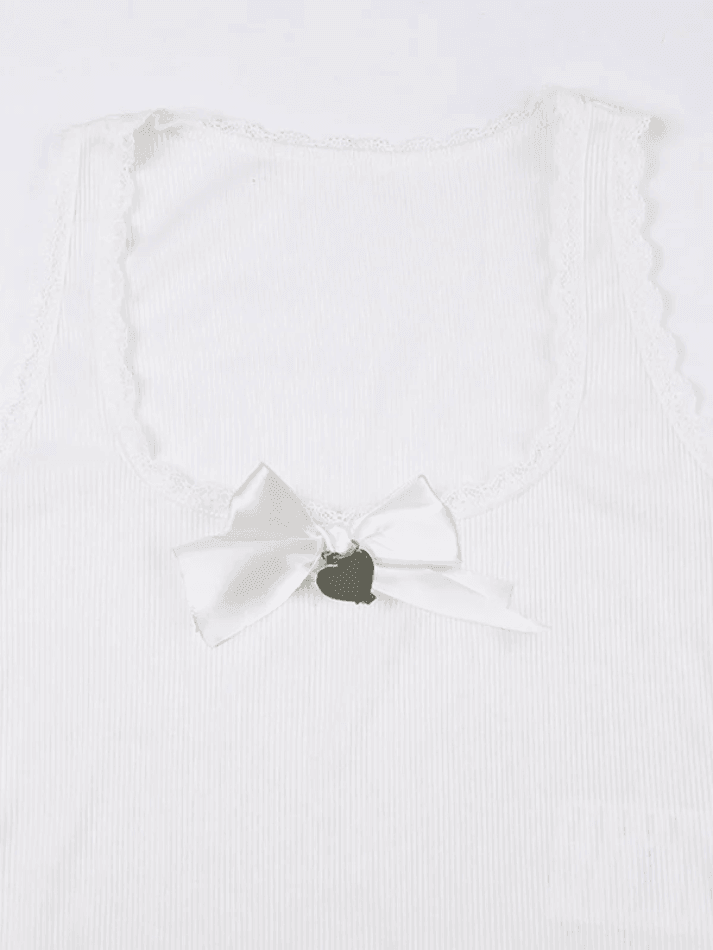 Lace Trim Bow White Tank Top