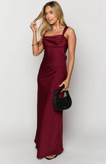 Laria Wine Satin Formal Maxi Dress