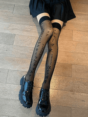 Letter Jacquard Mesh Knee High Socks