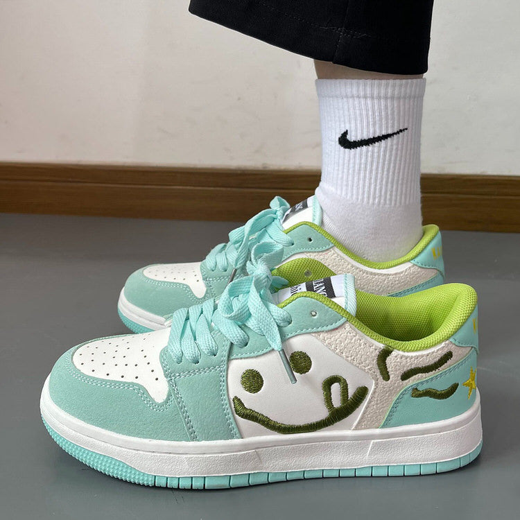 Smiling Face Embroidery Mint Green Sneakers