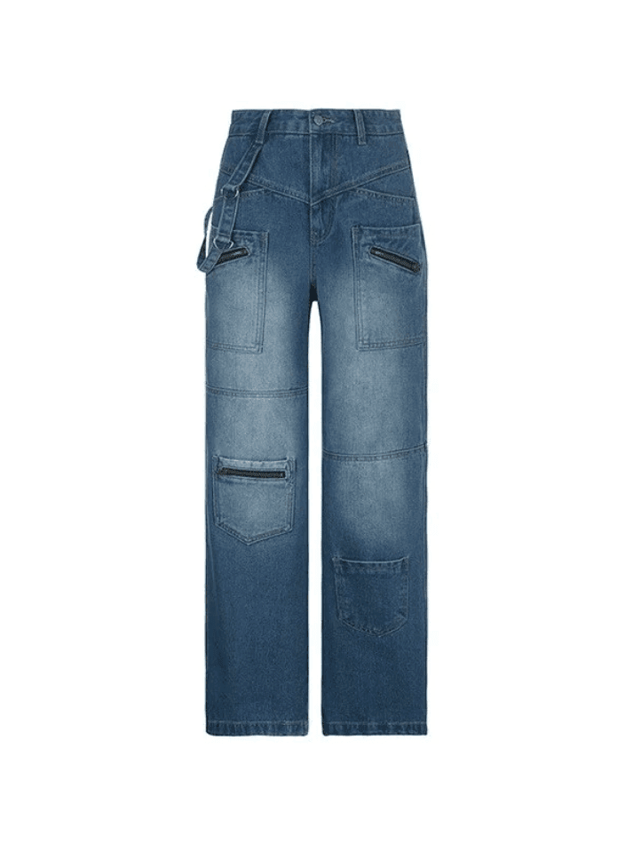 Patchwork Blue Wash Baggy Cargo Jeans