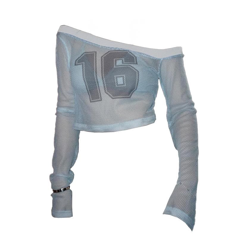 Long sleeve fishnet see through off shoulder â€?6â€?print crop top