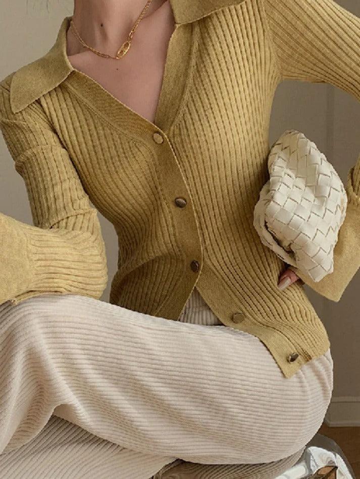 Solid Color Ribbed Metal Button V Neck Cardigan