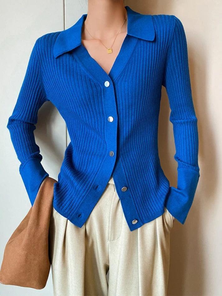 Solid Color Ribbed Metal Button V Neck Cardigan