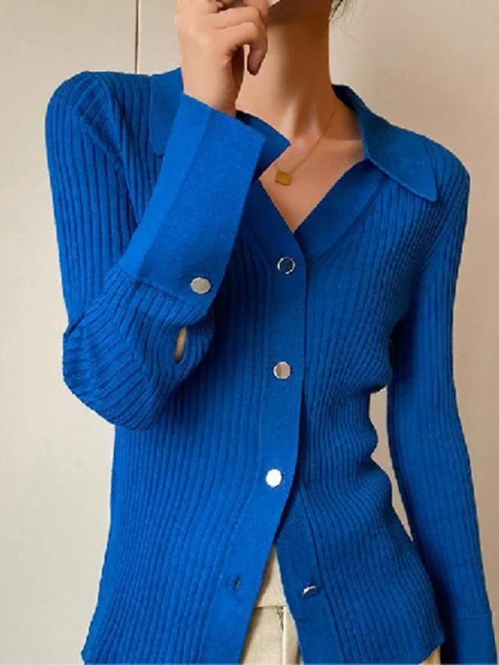 Solid Color Ribbed Metal Button V Neck Cardigan