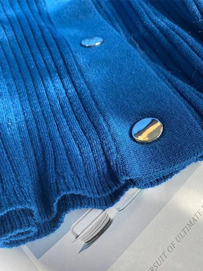 Solid Color Ribbed Metal Button V Neck Cardigan