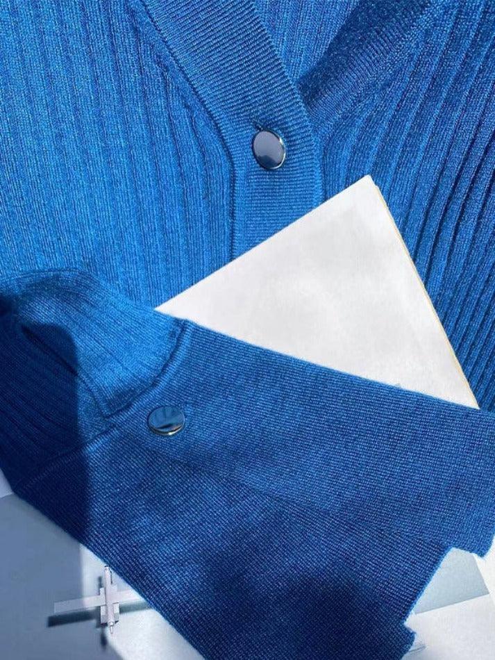 Solid Color Ribbed Metal Button V Neck Cardigan