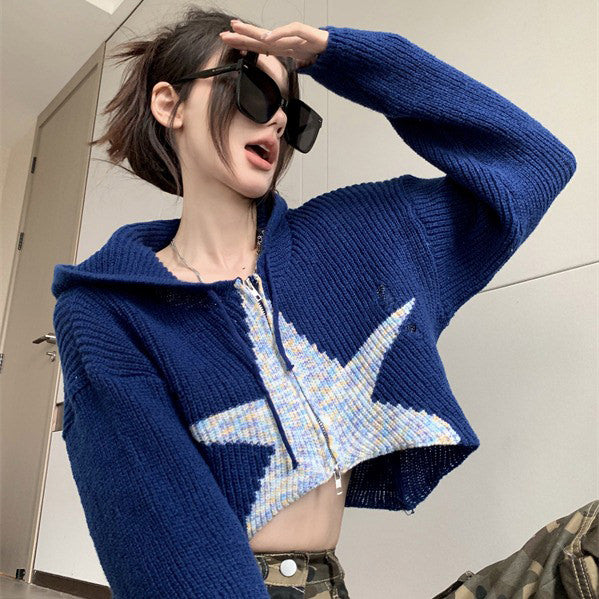 Star Zip Up Knit Hoodie