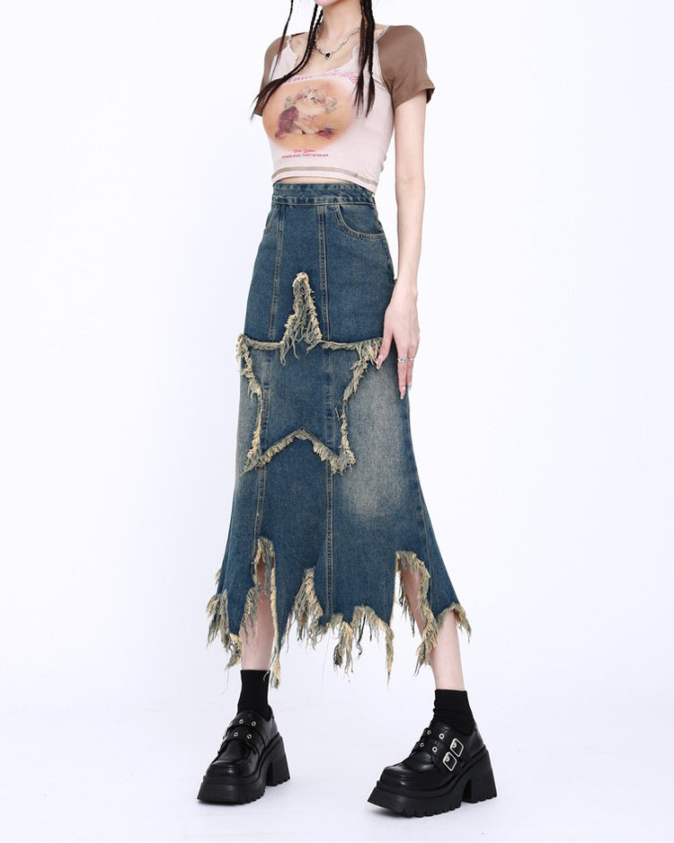 Aesthetic Star Long Denim Skirt