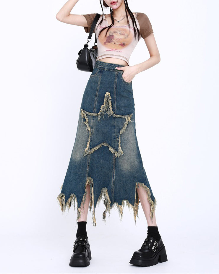 Aesthetic Star Long Denim Skirt