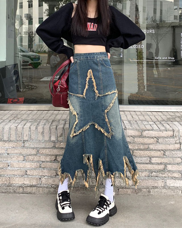 Aesthetic Star Long Denim Skirt