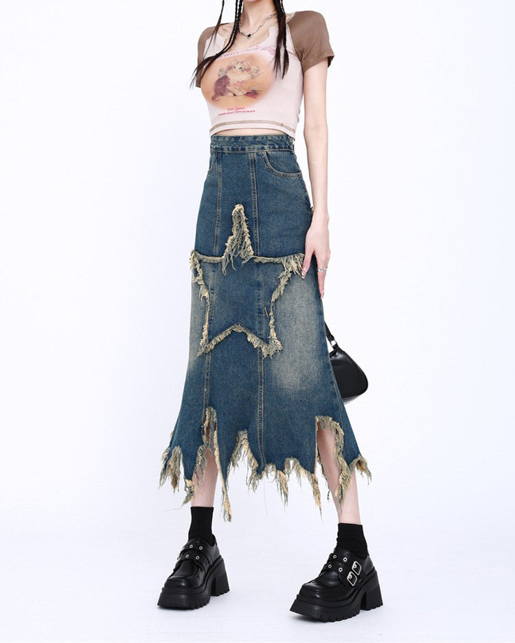 Aesthetic Star Long Denim Skirt