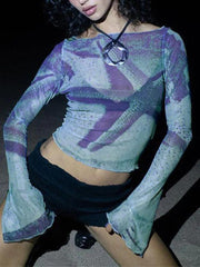 Starfish Print Flare Sleeve Long Sleeve Tee