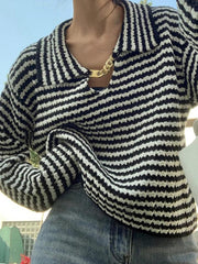 Stripe Lapel Neck Chain Decor Sweater