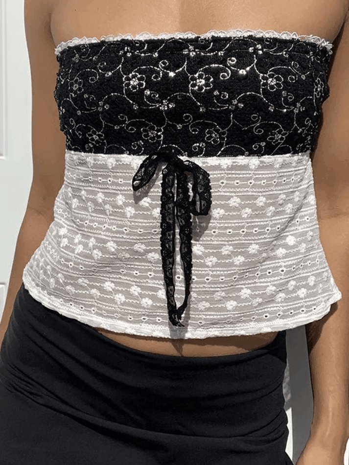 Tie Up Lace Patchwork Bandeau Top