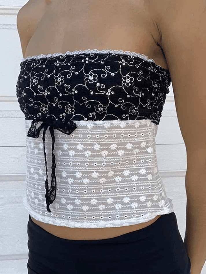 Tie Up Lace Patchwork Bandeau Top