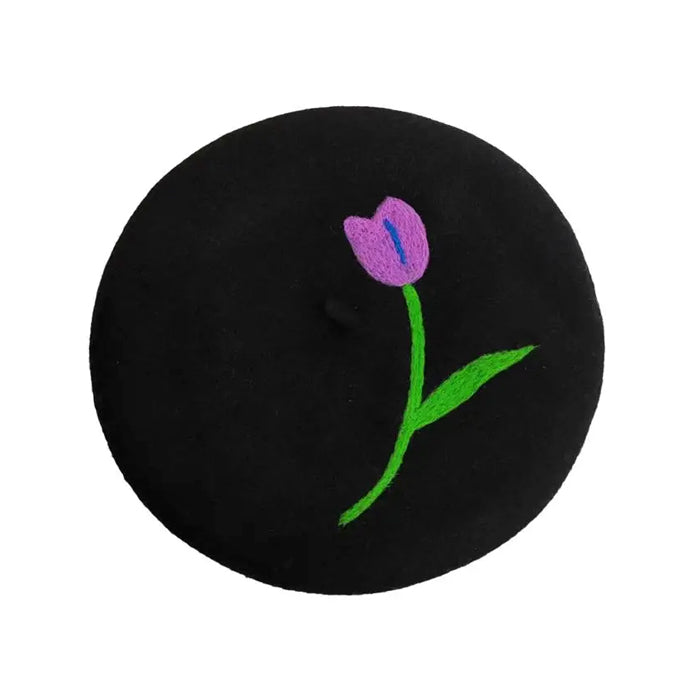 Tulip Embroidery Wool Beret