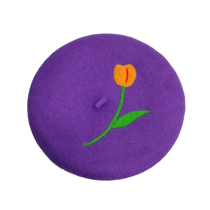 Tulip Embroidery Wool Beret