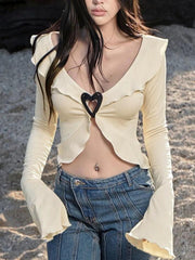 V Neck Fungus Heart Button Long Sleeve Knit