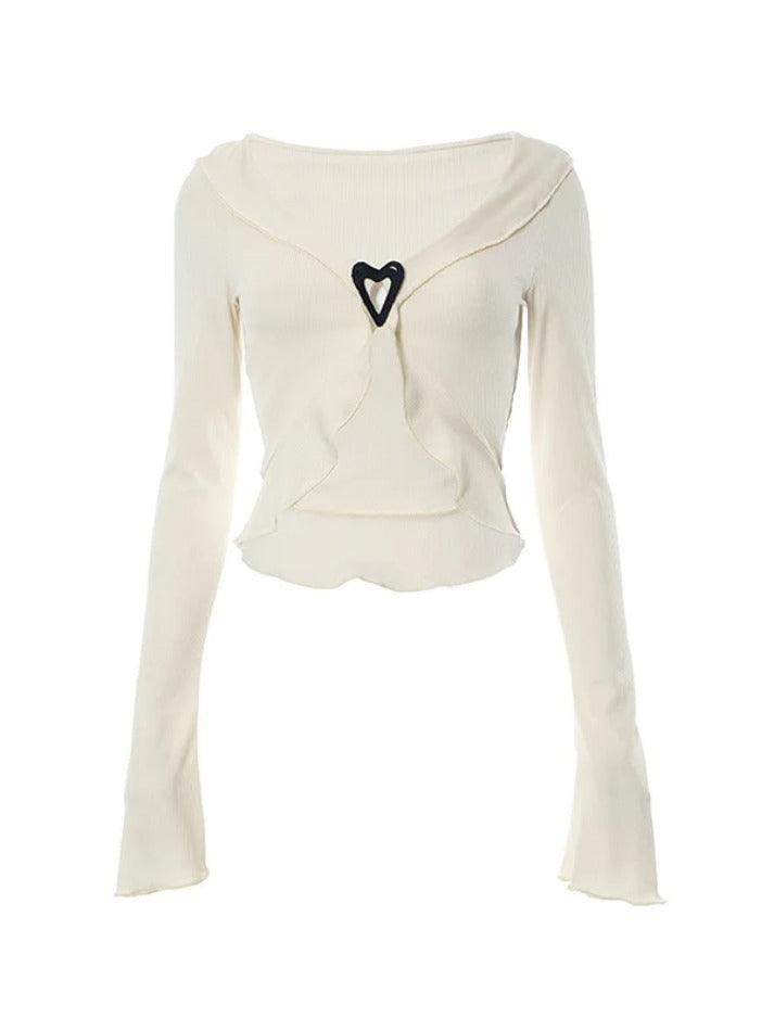 V Neck Fungus Heart Button Long Sleeve Knit