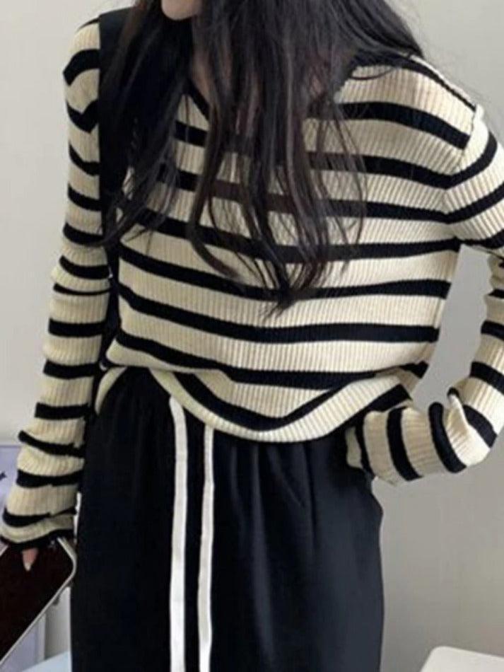 V Neck Stripe Long Sleeve Knit