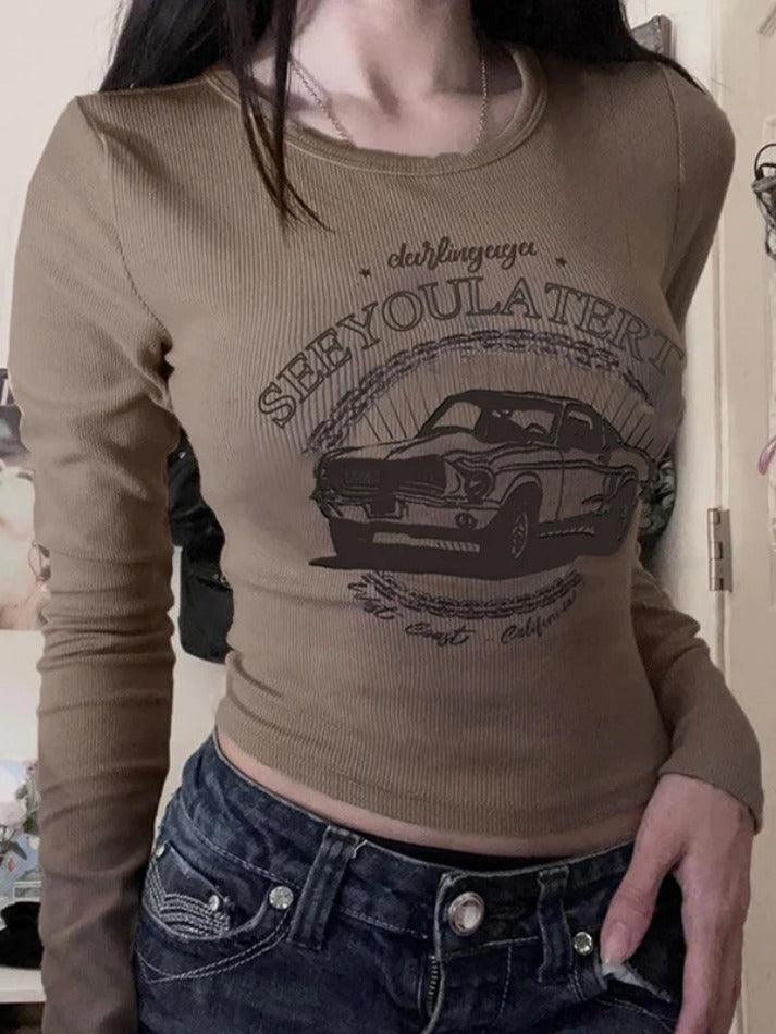 Vintage Car Print Slim Long Sleeve Knit
