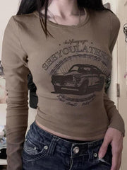 Vintage Car Print Slim Long Sleeve Knit