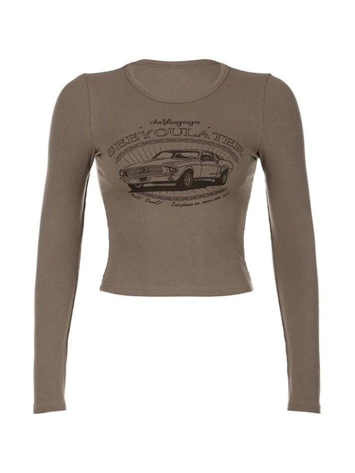 Vintage Car Print Slim Long Sleeve Knit