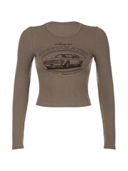 Vintage Car Print Slim Long Sleeve Knit